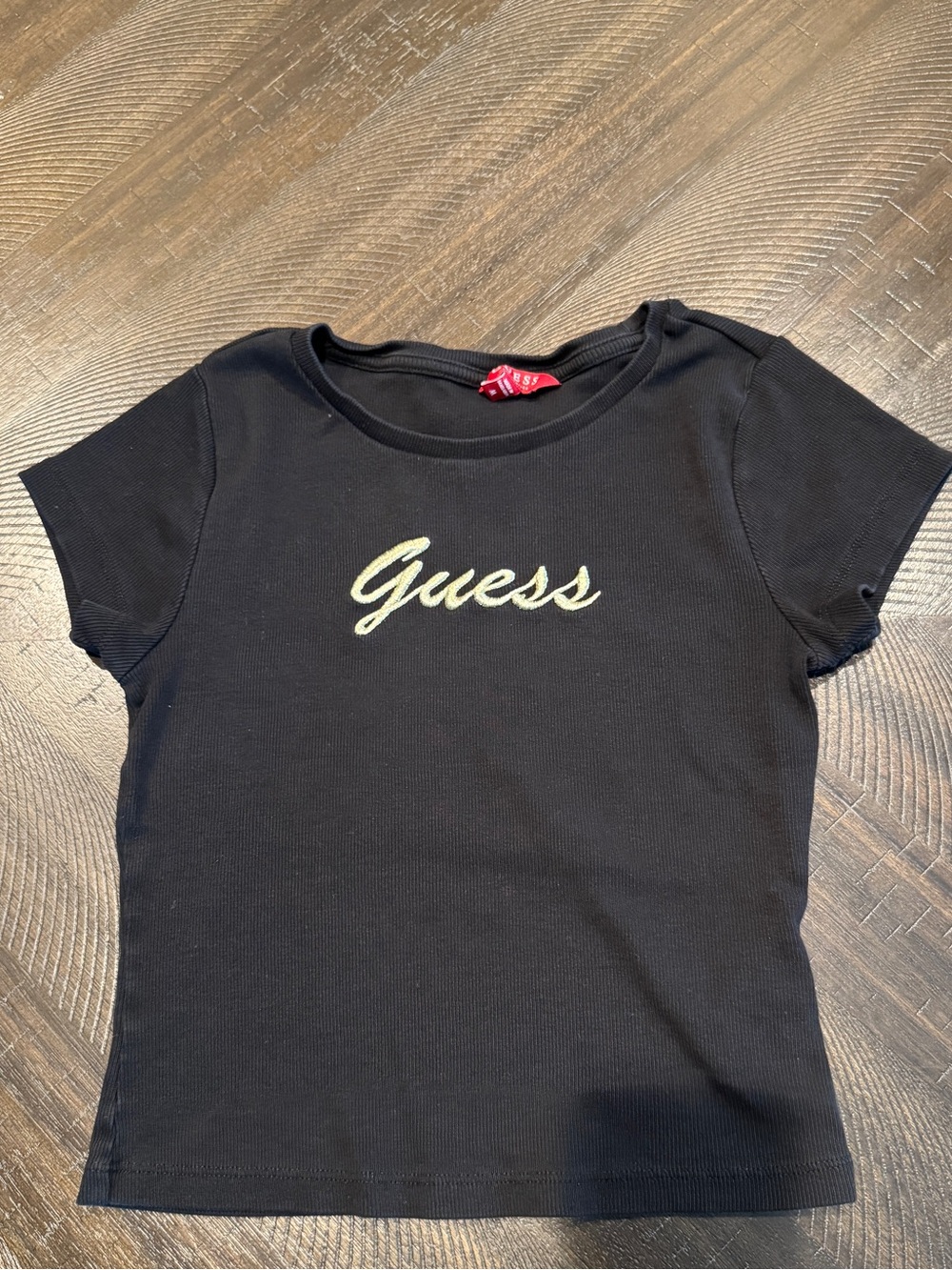 GUESS Women's Black Crop Top  Short Sleeve With Gold Letters